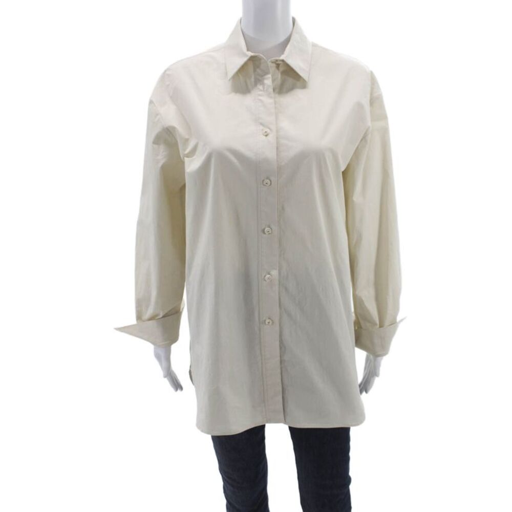 QL2 Women Tunic Button-Up Collared Long Sleeve Beige Cotton Elastane Size 48